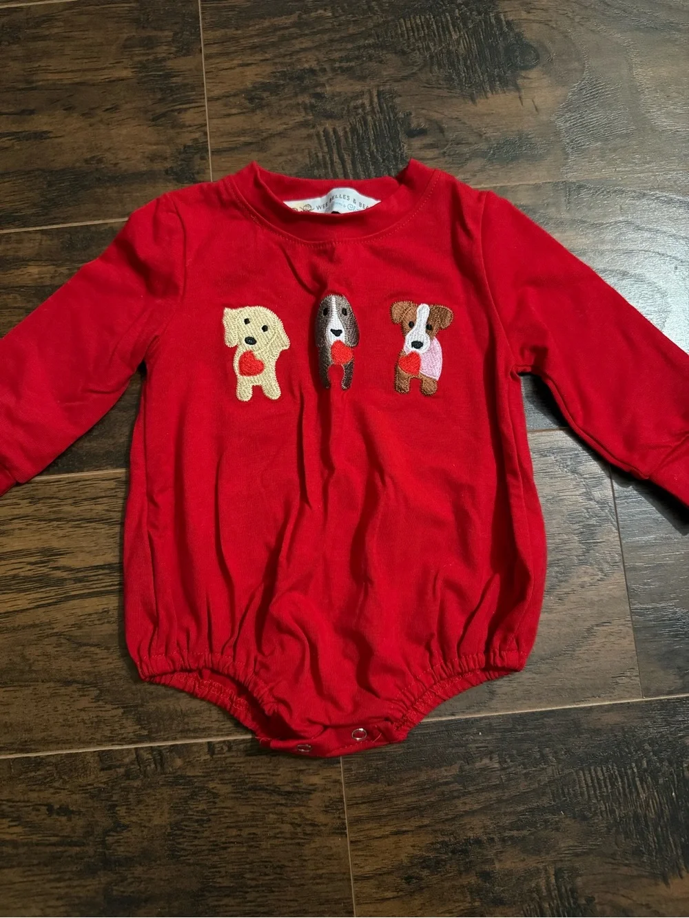 Red Long-Sleeve Baby Bodysuit with Playful Puppy Appliqués